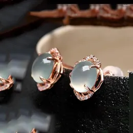 Stud Earrings 925 Silver Rose Gold Inlaid Chalcedony Female Fashion White Jade