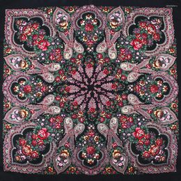 Scarves 110 110cm Russian Style Square Scarf Women Floral Print Bandana Traditional Ukrainian Polish Fringed Shawl Babushka Head Wraps