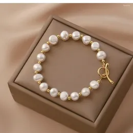 Strand Minar Elegant Real Freshwater Pearl Beaded Bracelet For Women Girl 14K Gold Plated Copper OT Toggle Clasp Bracelets