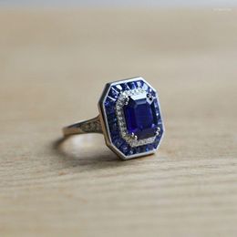 Cluster Rings Burnless Sapphire Ring Royal Blue S925 Sterling Silver Platinum Opening Adjustable Retro Style