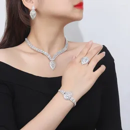 Necklace Earrings Set Luxury 4pcs Cubic Zircon Dubai Bridal Drop Bracelet Ring Women Wedding Jewellery Accessories