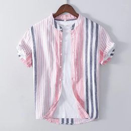 Men's Casual Shirts 2023 Summer Brand Thin Stripe Linen Male Short Sleeve Loose Business Men Tops Clothes
