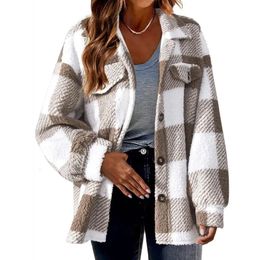 Women's Wool Blends Autumn and Winter Women's Fashion Loose Casual Pocket Plaid Lamb Fleece Jacket Button Plush Comfortable Versatile Coat 231113