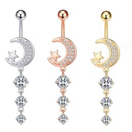 Navel Bell Button Rings for Body Stainless Steel Women Dangle Moon Star Piercing Belly Crystal Rings Gold Silver Colour