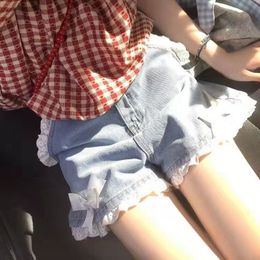 Women's Shorts Blue Vintage Bow Lace Shorts Jeans Women Harajuku Kawaii Y2k High Waist Pants Casual Aesthetic Clothes Korean Fashion 230413