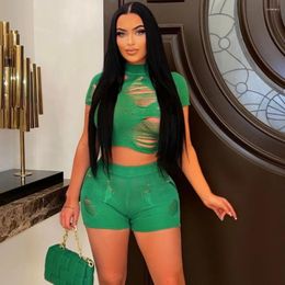 Women's Tracksuits Two Piece Set Knit Hollow Out Fashion Short Sleeve Crop Top And Shorts Suit 2023 Summer Sweatsuit Outfit Tracksuit