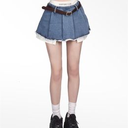 Skirts Fake Two Pieces Denim with Lining Women Mini Summer Chic Sexy Girls Preppy Ulzzang Ins Pleated Irregular Y2k Streetwear 230413