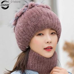 Hats Scarves Sets 2023 Women's Winter Warm Real Rex Rabbit Fur Hat Snow C Hats for Women Girls Real Fur Knit Skullies Beanies Natural Fluffy HatL231113