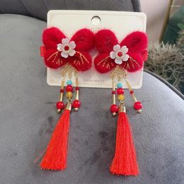 Hair Accessories 1 Pair Girls Hairpins Chinese Style Tassel Plush Ball Faux Pearl Bow Decor Year Decoration Clips