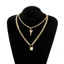 Pendant Necklaces Double Layers Key Lock Necklace Silver Color Link Chain Padlock Hiphop Women Men Gothic Wedding Party Jewelry