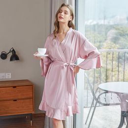 Ice Silk ruffled ladies Nightgown Silk Bathrobe Bathrobe Ladies Sexy Light Luxury morning gown Bride