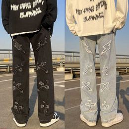 Men's Jeans New Men's jeans Neutral Wide Leg Denim Trousers Loose Straight Luxury Jeans Youth Street Casual Cross Embroidery Hip hop Pants W0413