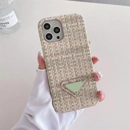 iPhone 14 12 Pro Max Designer Phone Cases for Apple 13 11 XR XS 7 8 Plus Luxury Weave Pattern PU Leather Mobile Cell Bumper Back Cover Shell Fundas Coque Velvet Lined Khaki