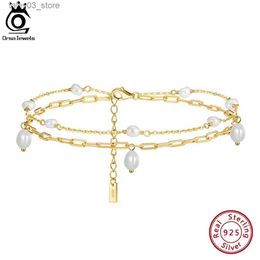 Anklets ORSA JEWELS 14K Gold 925 Sterling Silver Double Layered Pearls Anklet for Women Fashion Summer Foot Ankle Straps Jewellery SA51 Q231113