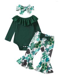 Clothing Sets Baby Girl St Patricks Day Outfit Infant Ruffle Letter Romper Green Lucky Shamrock Flared Pants Set Born Clothes