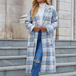 Women's Trench Coats Fashion 2023 Autumn And Winter Blue White Plaid Long-sleeved Pocket Ladies Cardigan Windbreaker Women's Mid-length