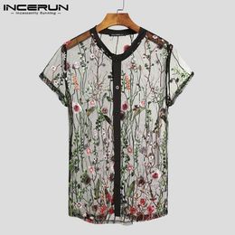 Mens Casual Shirts Fashion Men Mesh Shirts Embroidered Short Sleeve Sexy See Through Tops Button Breathable Party Nightclub Shirts INCERUN 5XL 230413