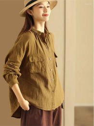 Women's Blouses Women Double Layer Cotton Yarn Shirt 2023 Autumn Casual Turn-down Collar Button Long-sleeved Tops