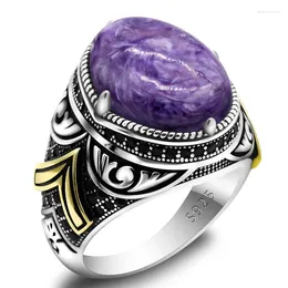 Cluster Rings Real Silver Jewellery Men's Ring Natural Purple Dragon Stone 925 Sterling Pattern Punk Retro Men And Women Gift