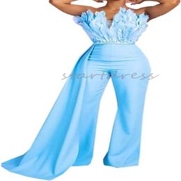 Luxury Jumpsuit Evening Dress With Ostrich Feather Satin Plus Size Aso Ebi Prom Gown With Pant Strapless Formal Party Great Gatsby Mariage Vestidos De Gala Promdress