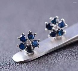 Stud Earrings Natural Dark Blue Sapphire Gem Gemstone Flowers Plum Blossom S925 Silver Women Party Gift Jewellery