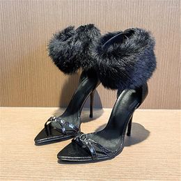 Sandals Designer Pointed Toe Women Ankle Strap Fur Dress Pumps Sexy Black High Heel Shoes Ladies Gladiator Sandal Stiletto