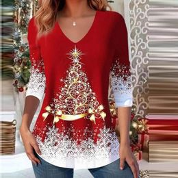 Women's Polos Christmas Themed Printed T-shirt 2023 Autumn/winter V-neck Fashionable Loose Irregular Skirt