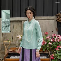 Women's Blouses A Life On The Left Women Blouse Long Sleeves Stand Collar Chinese Style Buckle Design Shirt Butterfly Jacquard Retro Green