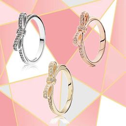 Cluster Rings 2023 Fashion Trend S925 Sterling Silver Real Rose Gold 3 Colours Bow Ring Original Diy Jewellery Suitable For Women