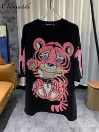 Women's T-Shirt Women's Pink Diamond-Embedded Cute Cartoon Pattern Loose T-shirt Summer Fashion Round Neck Pullover Top Female 230413