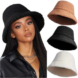 Wide Brim Hats Bucket Winter Unisex Furry Hat Solid Colours Women Men Faux Fur Autumn Lamb Wool Outdoor Warm Panama Flat Cap 231113