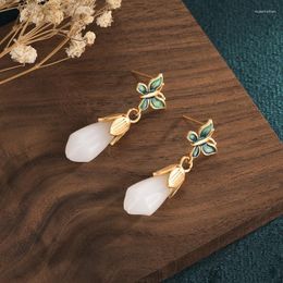 Stud Earrings Jade For Women Costume Jewellery Gold-plated Copper Vintage White Magnolia Wedding Stone Gem Earings