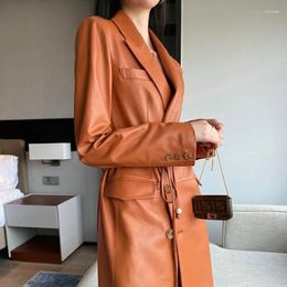 Women's Leather Real Jacket Women Fashion Korean Belt Orange Coat Female Clothing Trench FCY1930