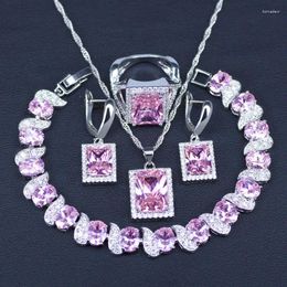 Necklace Earrings Set Big SquarePrincess Pink Costume Jewellery For Women Drop Ring With Bracelet In Store