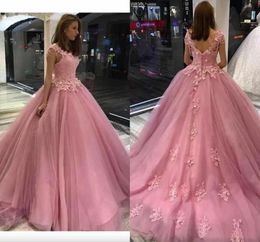 Rose Pink Sweet 16 Dresses Pearls Beading Crystal Applique Lace Quinceanera Dress Ball Gowns Prom Graduation Dress 8th Grade