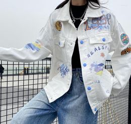Women's Jackets Colorful Printing Lapel White Denim Jacket For Women Autumn Loose Ladies Long Sleeve Graffiti Cropped Jean