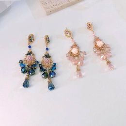 French retro super immortal pink rose crystal flowing Soviet pendant earrings Girl niche design earrings ear decoration