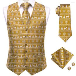 Men's Vests Christmas Mens Vest Brown White Silk Tie Hanky Cufflinks Set Jacquard Waistcoat Jacket Necktie For Male Business Oversize Hi-Tie