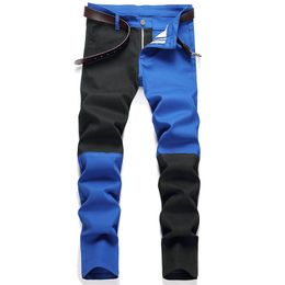 Two Colors Stitching Men's Jeans Fashion Slim Stretch Denim Pants Red Black White Blue Green Spliced Casual Trousers