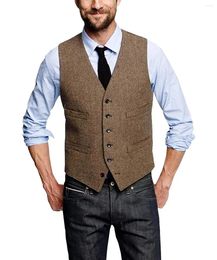 Men's Vests Herringbone Brown Men Vest Wool Tweed Business Waistcoat Jacket Casual Slim Fit For Groosmen Man Wedding