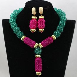 Necklace Earrings Set Unique Teal Green Crystal Pendant Fuchsia Pink African Beads Jewellery Party Gift Free Ship QW042