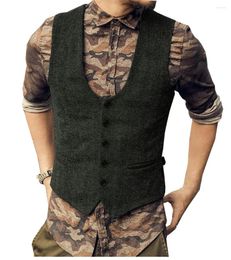 Men's Vests Men Suit Green Single Breasted Slim Fit Vintage Waistcoat Casual Gilet Woollen Blended Jacket Formal Business