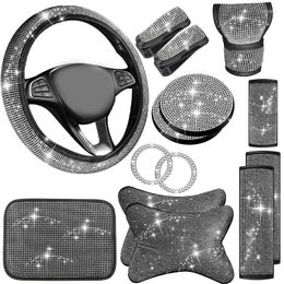 Steering Wheel Covers 14Pcs Bling Car Accessories Set Cover Auto Shift Handle Headrest Shoulder Armrest Pad Clips