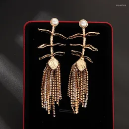 Dangle Earrings Vintage Gold Colour Leaves For Women Exquisite Rhinestone Tassle Earring Elegant Korean Pearl Wedding Jewellery