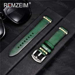 Other Fashion Accessories REMZEIM Quality Genuine Leather Watch Strap 18mm 20mm 22mm 24mm Fashion Green Watch Accessories Watchband With Solid Button J230413