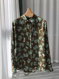 Women's Blouses Women Green Floral Retro Blouse 2023 Long Sleeve French Fashion Lady Single-Breaseted Satin Shirt And Tops