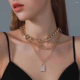 Pendant Necklaces Fashion Multilevel Gold Color Punk Thick Chain Full Crystal Lock Necklace For Women Female Vintage Collar Jewelry