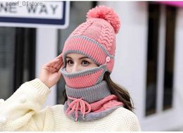 Hats Scarves Sets Winter Cashmere Balaclava With Bear Ear Hat Scarf Gs Set 3 In 1 Women Cute Beanies Cs Hood Warm Thick Plush Solid ColorL231111