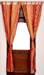 Curtain 2 Pcs Sari Patchwork Drape Window Decor Silk Orange