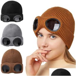 Beanie/Skull Caps Uni Fleece Ski Caps Beanie Winter Windproof Hat With Goggles Knitted Warm Wool Hats Snow Skl Outdoor Sports Cap Fash Otyjt